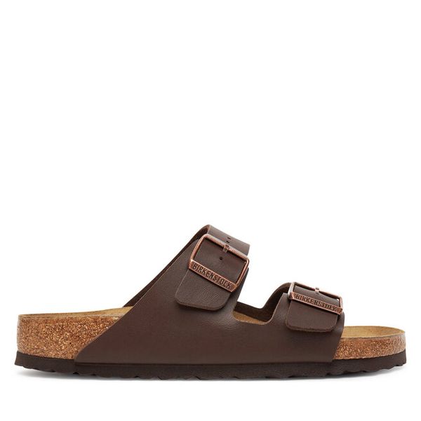 Klapki Birkenstock. Brązowe klapki Birkenstock, bez wzorów, bez obcasa. Za 349,99 zł.