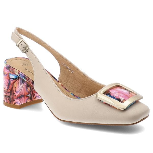 Czółenka damskie S.Barski, slingback ze skóry naturalnej z efektownym, kolorowym obcasem i ozdobną klamrą z regulowanym paskiem, beżowe, LZ61-2018. Brązowe czółenka S.BARSKI, bez wzorów, ze skóry, bez obcasa, bez zapięcia. Za 242,90 zł.