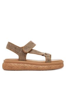Guess Sandały FLJLD2 FAL03 Brązowy. Brązowe sandały Guess, z aplikacjami, z materiału, bez obcasa, na płaskiej podeszwie, bez zapięcia. Za 339,99 zł.