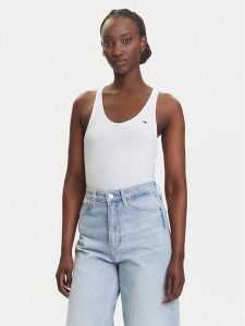 Tommy Jeans Top DW0DW20917 Biały Regular Fit. Białe topy Tommy Jeans, xxs, bez wzorów, z jeansu, bez kołnierzyka, bez ramiączek. Za 99,99 zł.