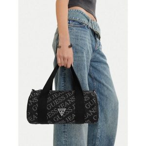 Torebka Guess Jeans. Czarne torebki klasyczne Guess Jeans, z aplikacjami, z jeansu, bez dodatków. Za 229,99 zł.