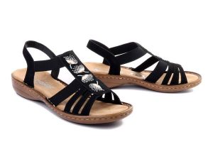 RIEKER 60875-00 black, sandały damskie. Czarne sandały Rieker, bez wzorów, bez obcasa, bez zapięcia. Za 209,93 zł.