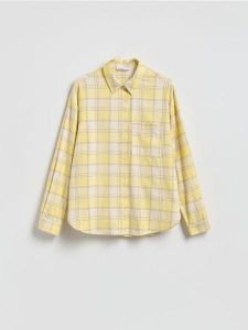 Koszula w kratę - jasnożółty. Żółte koszule Reserved, l, bez wzorów, z bawełny, bez kołnierzyka, bez ramiączek. Za 139,99 zł.