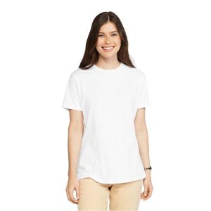 Damska Koszulka Softstyle Plain CVC T-shirt. Białe bluzki GILDAN, bez wzorów, bez kołnierzyka, bez ramiączek. Za 42,99 zł.