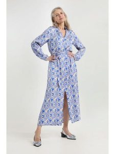 Josephine & Co Sukienka "Jacco" w kolorze niebiesko-beżowym rozmiar: 44. Niebieskie sukienki Josephine & Co, bez wzorów, z tkaniny, bez kołnierzyka, bez ramiączek, midi. Za 317,99 zł.