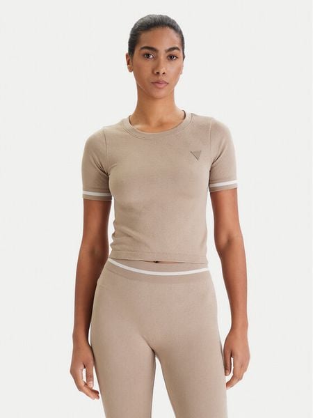 Guess T-Shirt V6RP02 Z4692 Beżowy Slim Fit. Brązowe t-shirty Guess, s, z aplikacjami, z syntetyku, bez kołnierzyka, bez ramiączek. Za 214,99 zł.