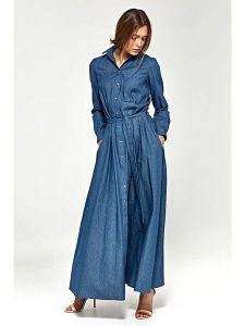 Nife Sukienka dżinsowa w kolorze niebieskim rozmiar: 36. Niebieskie sukienki Nife, bez wzorów, z bawełny, bez kołnierzyka, bez ramiączek, maxi. Za 300,21 zł.