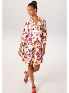 Aniston Sukienka w kolorze białym ze wzorem rozmiar: 42. Brązowe sukienki Aniston, bez wzorów, z wiskozy, bez kołnierzyka, bez ramiączek, maxi. Za 217,99 zł.