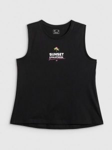 4F Top regular z nadrukiem damski - czarny XXL. Czarne topy 4f, xxl, bez wzorów, z bawełny, klasyczne, bez kołnierzyka, bez ramiączek. Za 49,99 zł.