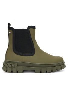 Tommy Hilfiger Botki T3X5-34130-1355414 Khaki. Brązowe botki TOMMY HILFIGER, bez wzorów, z tworzywa sztucznego, bez obcasa, na płaskiej podeszwie, bez zapięcia. Za 389,99 zł.