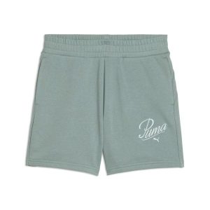 Damskie szorty z wysokim stanem ESS SCRIPT 5" PUMA Green Moon. Zielone szorty Puma, bez wzorów, z podwyższonym stanem. W wyprzedaży za 104,00 zł.