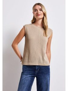 Street One Top dzianinowy w kolorze beżowym rozmiar: 42. Brązowe topy Street One, bez wzorów, z dzianiny, street, bez kołnierzyka, bez ramiączek. Za 131,74 zł.