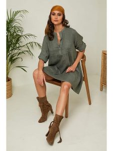 Fleur de Lin Lniana sukienka "Gabin" w kolorze oliwkowym rozmiar: XXL. Brązowe sukienki Fleur de Lin, na co dzień, xxl, bez wzorów, ze lnu, bez kołnierzyka, bez ramiączek, mini, proste. Za 197,63 zł.