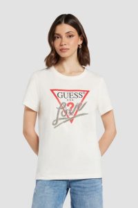 GUESS Biały t-shirt damski Love Tee. Białe t-shirty Guess, s, z aplikacjami, bez kołnierzyka, bez ramiączek. W wyprzedaży za 110,99 zł.