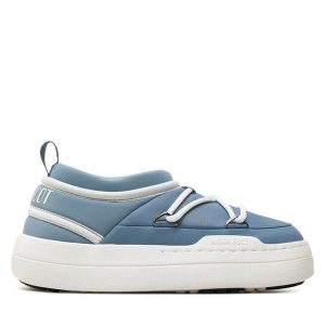 Botki Moon Boot. Niebieskie botki Moon Boot, bez wzorów, bez obcasa, na płaskiej podeszwie, bez zapięcia. Za 549,99 zł.