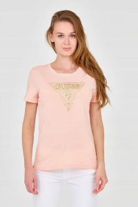 GUESS Damski t-shirt z dużym zdobionym logo. Brązowe t-shirty Guess, s, z aplikacjami, z bawełny, bez kołnierzyka, bez ramiączek. W wyprzedaży za 159,99 zł.