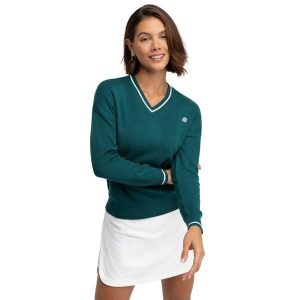 Damski sweter golfowy z dzianiny z dekoltem w serek Siroko Gimme Teal. Zielone golfy SIROKO, bez wzorów, z dzianiny. Za 211,00 zł.