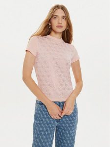 Guess T-Shirt W4BI26 J1314 Różowy Slim Fit. Czerwone t-shirty Guess, m, z aplikacjami, z bawełny, bez kołnierzyka, bez ramiączek. Za 169,99 zł.