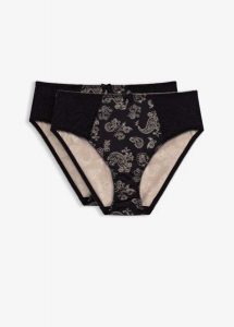 Figi z wysokim stanem z delikatną koronką (2 szt.). Czarne figi bonprix, bez wzorów, z koronki. Za 77,99 zł.