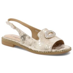 Sandały damskie S.Barski, cholewka ze skóry ekologicznej na płaskiej podeszwie, złote, KV61-6040. Żółte sandały S.BARSKI, bez wzorów, ze skóry ekologicznej, bez obcasa, na płaskiej podeszwie, bez zapięcia. Za 129,00 zł.