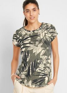 T-shirt z bawełny z nadrukiem i minirękawkami. Zielone golfy bonprix, bez wzorów, z bawełny, bez kołnierzyka, bez ramiączek. Za 44,99 zł.