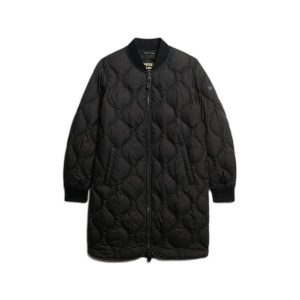 Damska długa kurtka Superdry. Czarne kurtki Superdry, bez wzorów, z puchu, bez kaptura. W wyprzedaży za 468,05 zł.