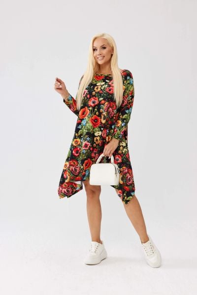 Asymetryczna tunika w maki OVERSIZE PLUS SIZE XXL. Czarne tuniki Moda Size Plus Iwanek, na co dzień, plus size, bez wzorów, z bawełny, eleganckie, z asymetrycznym kołnierzem, plus size, bez ramiączek. Za 179,90 zł.
