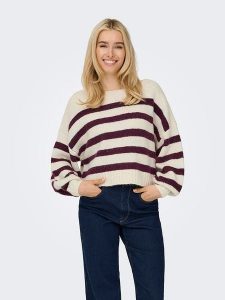 ONLY Sweter w kolorze kremowo-fioletowym rozmiar: XL. Brązowe swetry oversize ONLY, xl, bez wzorów, ze splotem, bez ramiączek. Za 127,65 zł.