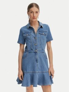 Morgan Sukienka jeansowa 261-RIGHT Niebieski Slim Fit. Niebieskie kombinezony Morgan, bez wzorów, z bawełny, bez kołnierzyka, bez ramiączek. Za 399,99 zł.