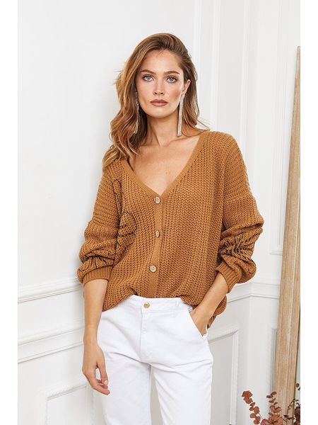 Joséfine Kardigan "Beegees" w kolorze jasnobrązowym rozmiar: M. Brązowe kardigany Joséfine, m, bez wzorów, ze splotem, bez ramiączek. Za 143,56 zł.