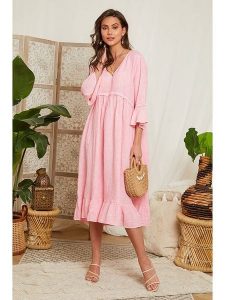 Lin Passion Lniana sukienka w kolorze jasnoróżowym rozmiar: 34/36. Różowe sukienki Lin Passion, bez wzorów, ze lnu, klasyczne, bez kołnierzyka, bez ramiączek, midi. Za 173,99 zł.