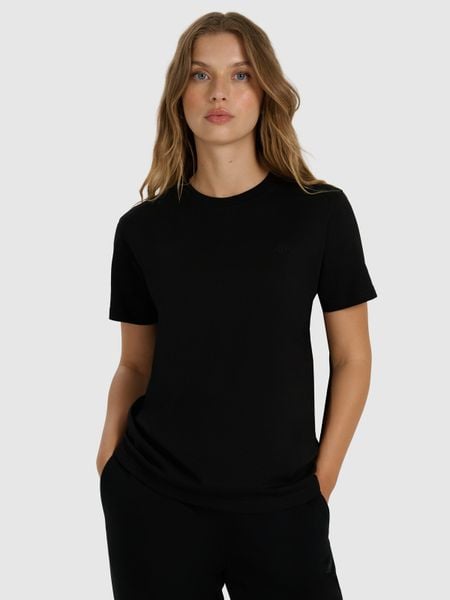 4F T-shirt regular gładki damski - czarny L. Czarne t-shirty 4f, l, bez wzorów, z bawełny, bez kołnierzyka, bez ramiączek. Za 49,99 zł.