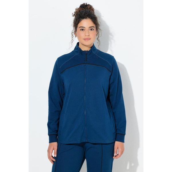 Damskie Bluza rozpinana wstawki prążkowane stójka długi rękaw. Niebieskie bluzy Ulla Popken, plus size, bez wzorów, z bawełny, bez kaptura. W wyprzedaży za 191,99 zł.