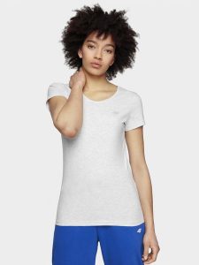 4F T-shirt slim gładki damski S. Białe t-shirty 4f, s, bez wzorów, z bawełny, bez kołnierzyka, bez ramiączek. W wyprzedaży za 39,99 zł.