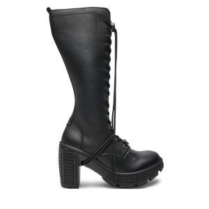 Kozaki NEW ROCK. Czarne kozaki NEW ROCK, bez wzorów, bez obcasa, na słupku, bez zapięcia. Za 779,99 zł.