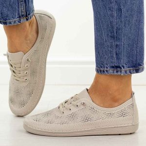 Beżowe ażurowe skórzane półbuty damskie S.Barski 7083. Brązowe półbuty S.BARSKI, na jesień, w ażurowe wzory, z jeansu, z okrągłym noskiem, bez obcasa, na płaskiej podeszwie, bez zapięcia. Za 229,00 zł.