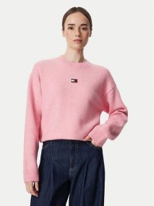 Tommy Jeans Sweter Fluffy Badge DW0DW23831 Różowy jasny Regular Fit. Czerwone swetry klasyczne Tommy Jeans, xs, z jeansu, bez kołnierzyka. Za 449,99 zł.