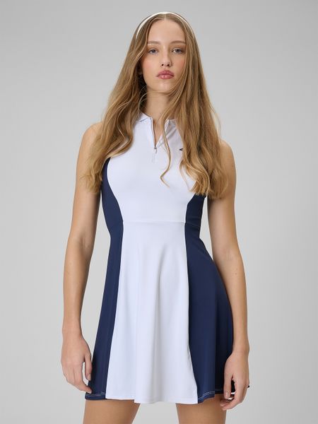 4F Sukienka tenisowa damska - biała XL. Białe sukienki 4f, na co dzień, xl, bez wzorów, z dzianiny, sportowe, bez kołnierzyka, bez ramiączek, maxi, sportowe. Za 129,99 zł.