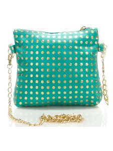 Mila Blu Skórzana kopertówka "Ninfea" w kolorze złoto-turkusowym - 20 x 22 x 2 cm rozmiar: onesize. Niebieskie torebki wieczorowe Mila Blu, bez wzorów, z materiału, przez ramię, bez dodatków. Za 127,35 zł.