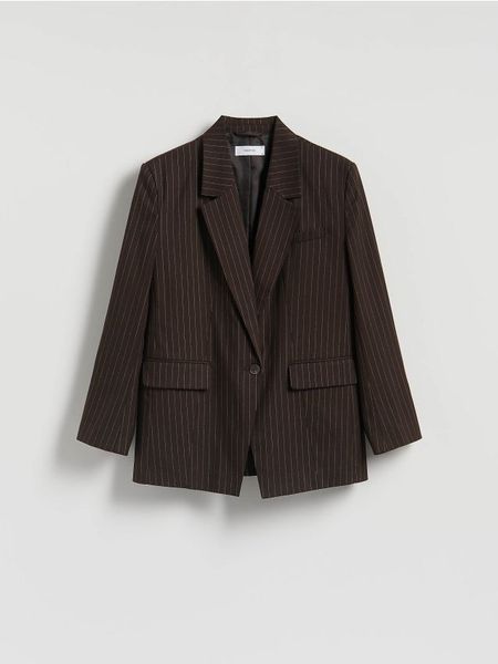 Marynarka w prążek z wiskozą - ciemnobrązowy. Brązowe marynarki i żakiety Reserved, l, bez wzorów, z tkaniny. Za 199,99 zł.