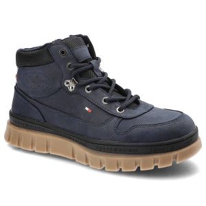 Granatowe Trapery Tommy Hilfiger Wygodne Buty Damskie. Niebieskie botki TOMMY HILFIGER, z materiału, bez obcasa, bez zapięcia. Za 319,00 zł.