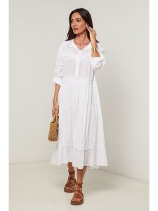 Le Monde du Lin Sukienka w kolorze białym rozmiar: 34/36. Białe sukienki Le Monde du Lin, bez wzorów, z bawełny, bez kołnierzyka, bez ramiączek, midi. Za 165,99 zł.
