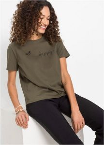 T-shirt z czystej bawełny z nadrukiem. Zielone t-shirty bonprix, bez wzorów, z bawełny, bez kołnierzyka, bez ramiączek. Za 37,99 zł.