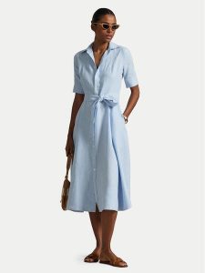 Polo Ralph Lauren Sukienka koszulowa 211969139001 Błękitny Regular Fit. Niebieskie sukienki Polo Ralph Lauren, bez wzorów, ze lnu, bez kołnierzyka, bez ramiączek, koszulowe. Za 589,99 zł.