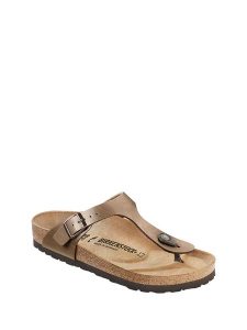 Birkenstock Japonki w kolorze brązowozłotym rozmiar: 35. Brązowe klapki Birkenstock, bez wzorów, z materiału, z otwartym noskiem, bez obcasa. Za 307,46 zł.