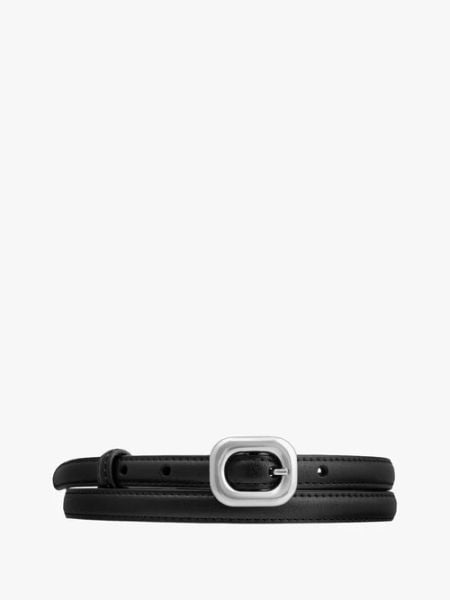 Czarny pasek damski ze skóry licowej ze srebrną klamrą. Czarne paski Ryłko, bez wzorów, ze skóry, eleganckie. Za 79,99 zł.