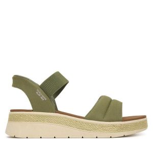 Sandały Skechers. Zielone sandały Skechers, bez wzorów, bez obcasa, na płaskiej podeszwie, bez zapięcia. Za 289,99 zł.