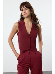 Trendyol Kamizelka garniturowa w kolorze bordowym rozmiar: 42. Czerwone kamizelki Trendyol, bez wzorów, bez kołnierzyka, bez ramiączek, bez kaptura. Za 73,99 zł.