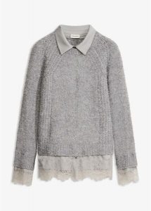 Sweter z koszulową wstawką. Szare swetry klasyczne bonprix, z koronki, bez kołnierzyka. Za 129,99 zł.