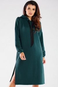 Bluzowa sukienka z kapturem bawełna premium zielona. Zielone sukienki Infinite You, na co dzień, na jesień, m, bez wzorów, z bawełny, eleganckie, bez kołnierzyka, bez ramiączek, midi, oversize. Za 289,00 zł.